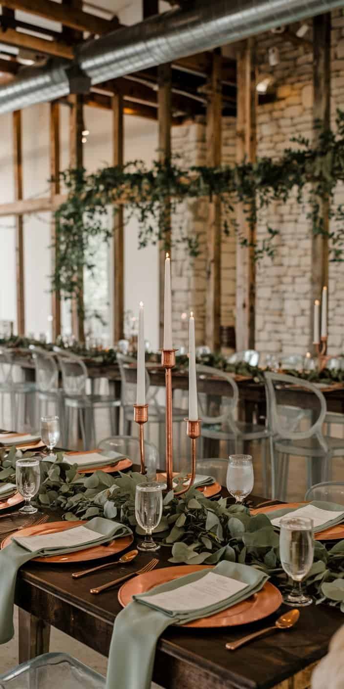 Elegant table settings featuring copper chargers and sage floral arrangements, showcasing copper and sage in earth tone wedding color ideas.
