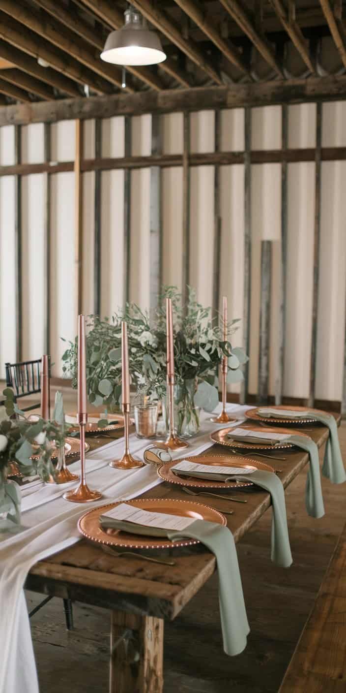 Rustic chic wedding decor with copper accents and sage greenery, perfect for copper and sage earth tone wedding color ideas.