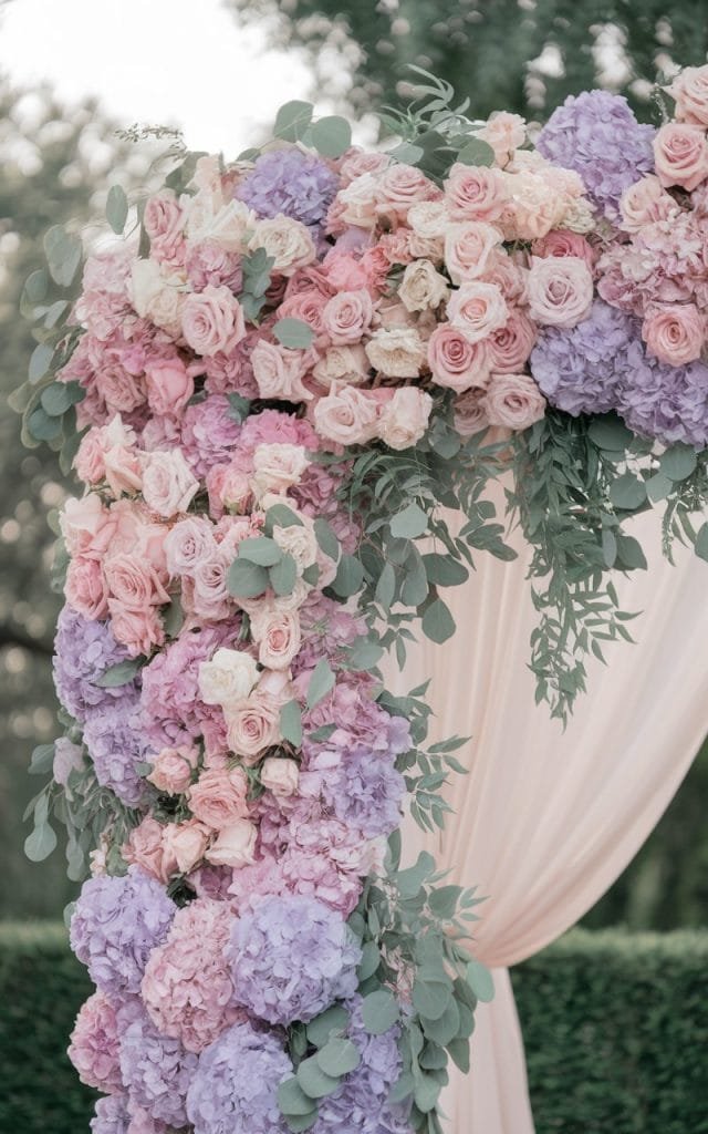 Pastel Wedding Arch Flowers featuring a delicate mix of blush pink roses and lavender hydrangeas for a serene ambiance.
