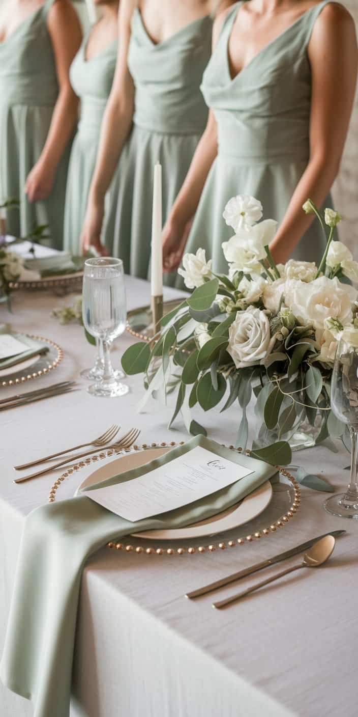 Elegant table settings with ivory linens and sage-hued napkins, highlighting sage green and ivory as top earth tone wedding color ideas