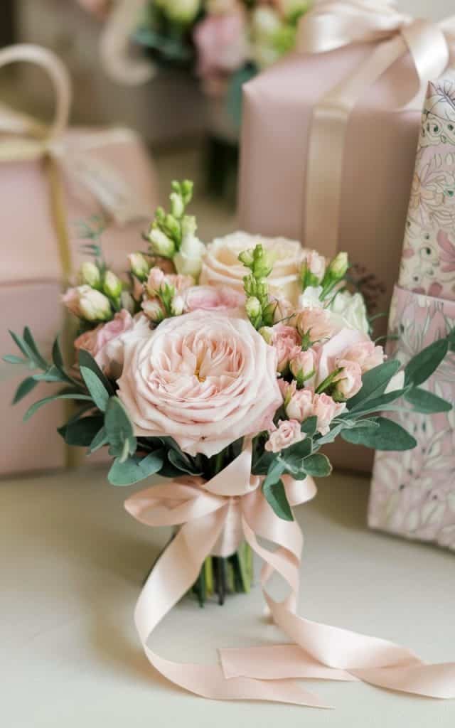 Charming thank-you gifts made from wedding flowers, featuring mini bouquets of pastel roses and greenery wrapped in satin ribbons.
