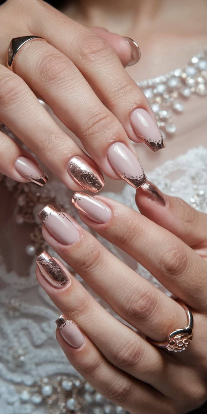 Elegant rose gold manicure featuring glitter tips, perfect for complementing rose gold jewelry and accessories.