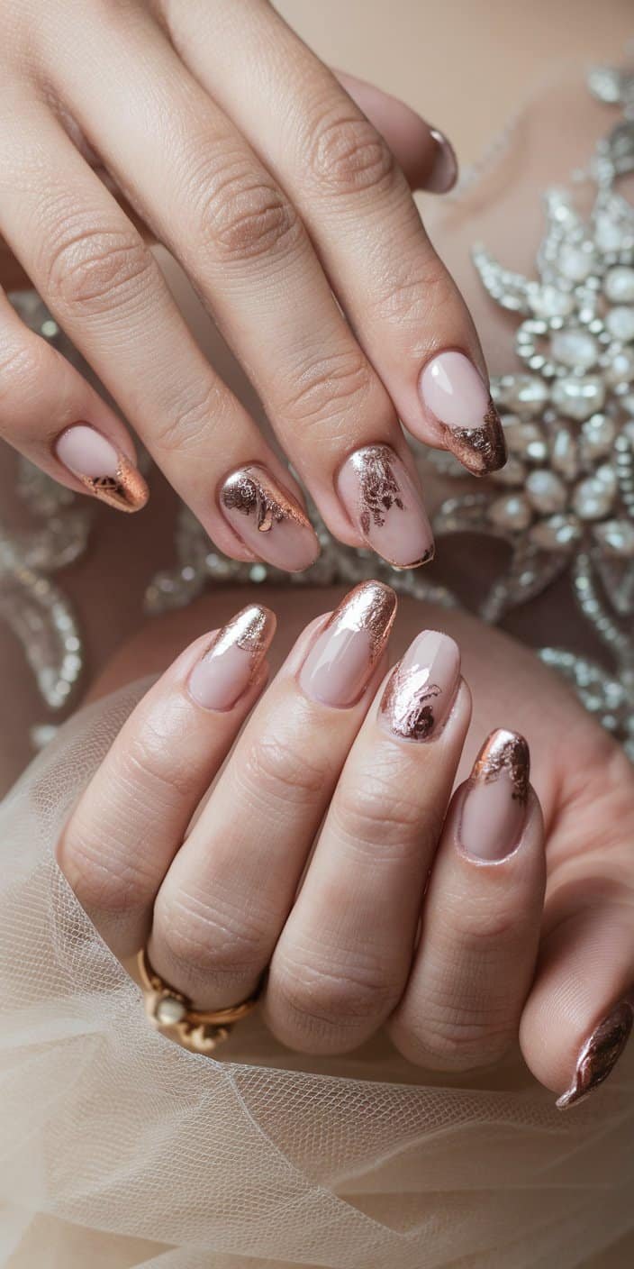 Glamorous Rose Gold Accents wedding nails adding understated luxury to bridal manicures.