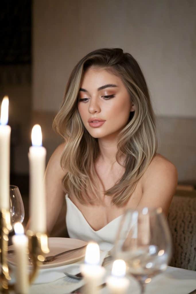 Gentle waves and fresh makeup enhance the beauty of a Valentine's Day dress for a romantic evening