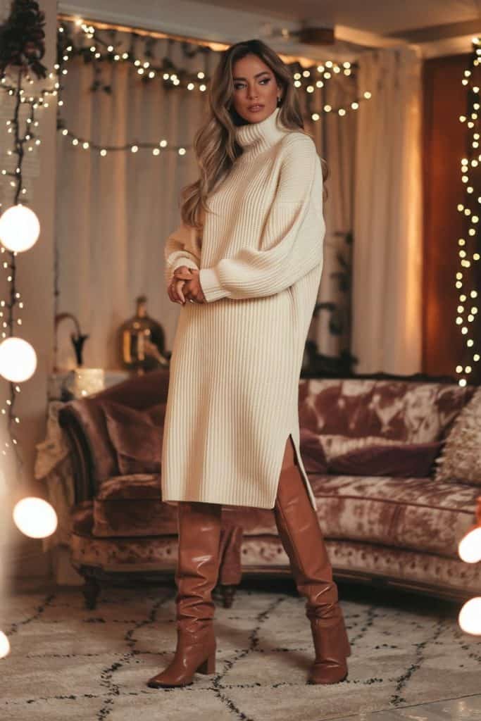Cozy Valentine's Day dress: Cream knit sweater dress paired with boots for romantic winter date
