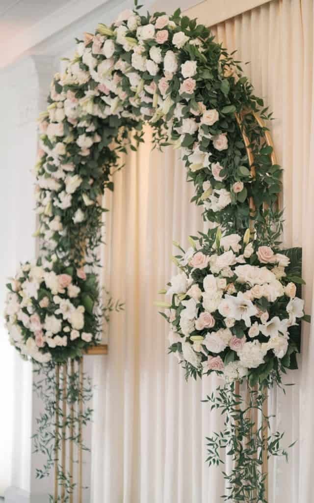 Wedding Arch Flowers featuring cascading blooms of orchids and trailing ivy, creating a luxurious, dramatic wedding backdrop.
