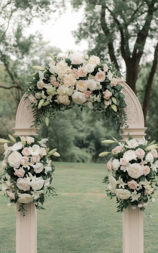 Stunning Wedding Arch Flowers cascading downward, creating an eye-catching display with roses, ivy, and soft trailing greenery.
