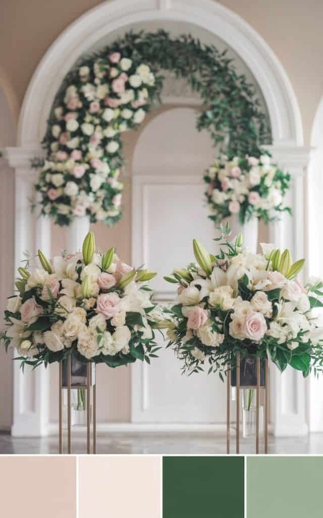 Lush, cascading Wedding Arch Flowers featuring amaranth and roses, creating a breathtaking focal point for a dramatic ceremony.
