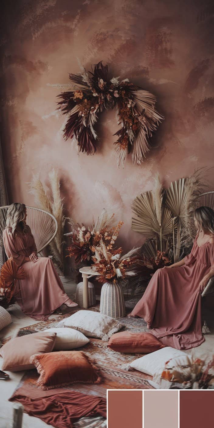 Bohemian wedding setup featuring rust accents and nude lounge areas, perfect for rust and nude earth tone wedding color ideas.