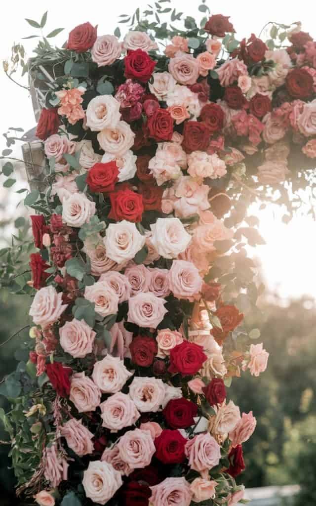 Beautiful Wedding Arch Flowers made of soft pink and white roses, ideal for a timeless, romantic wedding setting.
