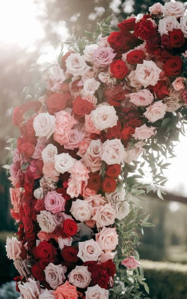 Timeless Wedding Arch Flowers with roses, symbolizing love and passion, perfect for a classic wedding theme.

