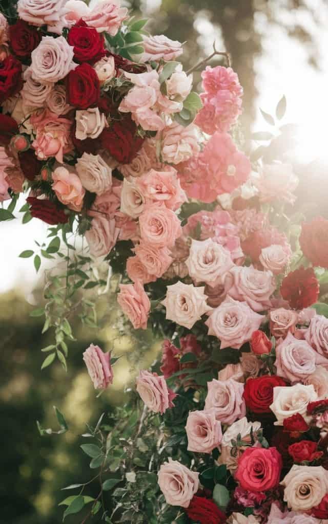 Wedding Arch Flowers featuring classic red, pink, and white roses in an elegant arrangement for a romantic ceremony.
