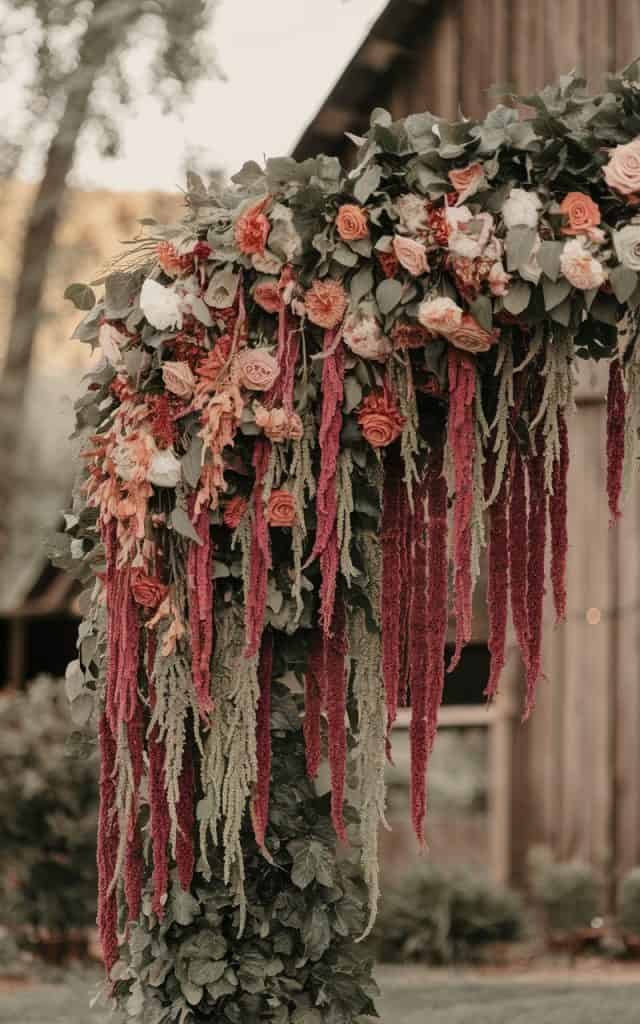 Holiday-inspired Wedding Arch Flowers with bright red poinsettias and lush green evergreens, creating a festive winter atmosphere.
