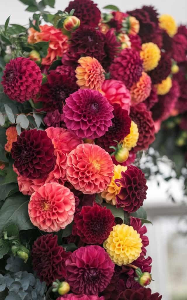 Colorful Wedding Arch Flowers with intricate dahlia petals, bringing boldness and joy to a wedding celebration.
