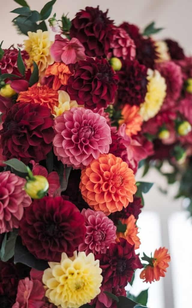 Striking Wedding Arch Flowers made with vibrant dahlias in bright orange, yellow, and red for a playful wedding setting.
