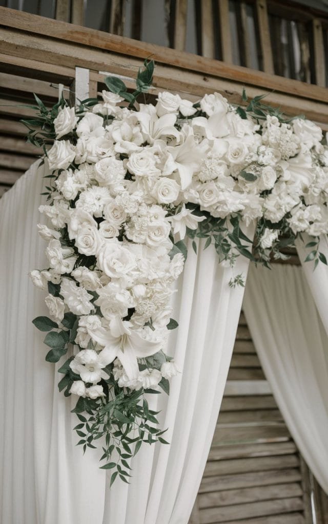 Energetic Wedding Arch Flowers overflowing with sunflowers and dahlias, perfect for a playful summer or fall wedding.
