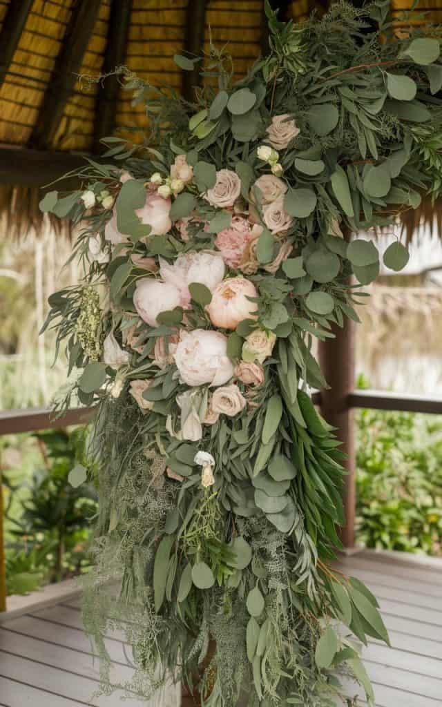 Wedding Arch Flowers with a combination of eucalyptus, peonies, and garden roses, offering a fresh, natural, and grounded look for an outdoor ceremony.
