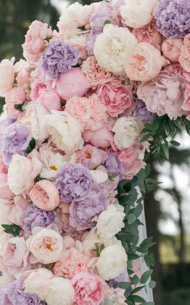 Romantic wedding arch with pastel peonies and greenery, creating a serene and dreamy wedding backdrop.
