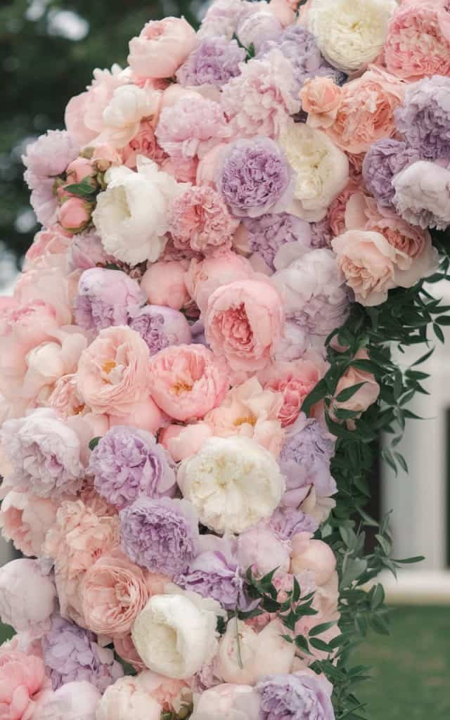 Lush Wedding Arch Flowers with fragrant peonies and greenery, offering a gentle and romantic atmosphere.
