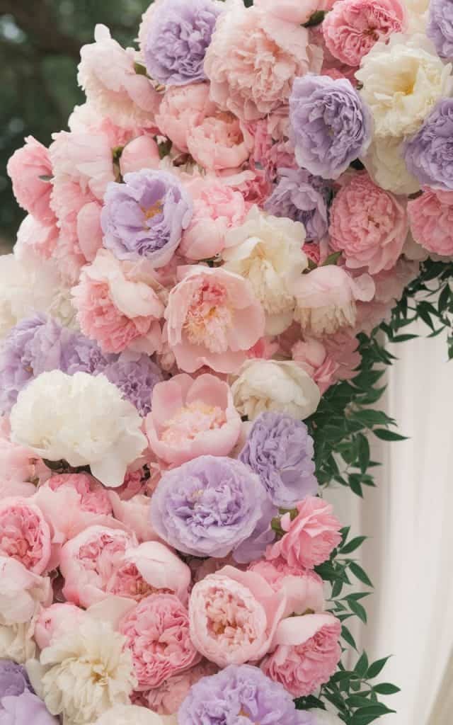 Soft and romantic Wedding Arch Flowers featuring blush pink and lavender peonies, perfect for a spring celebration.
