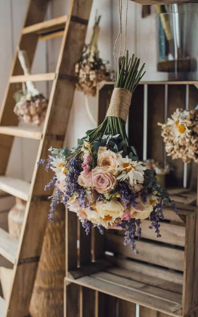 Wedding flowers carefully dried and preserved, featuring a bouquet of roses, daisies, and lavender, ideal for keeping as a lasting memory of your special day.
