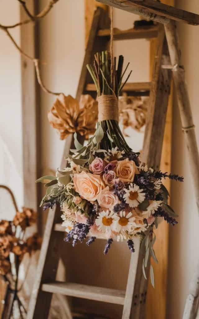 A beautifully dried wedding bouquet hanging from twine, with soft pink roses and lavender, creating a nostalgic memento of the wedding day.
