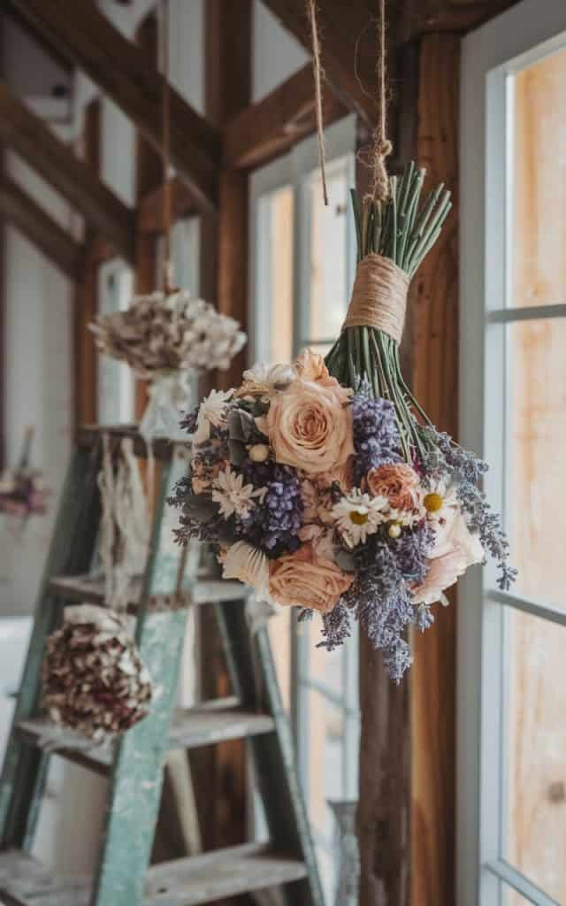 Wedding bouquet being dried upside down, featuring delicate roses and lavender, as a keepsake to cherish the memories long after the wedding.
