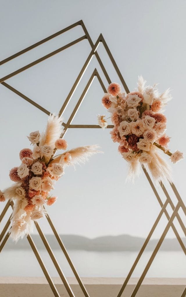 Wedding Arch Flowers with clean, structured blooms like dahlias and roses arranged in geometric shapes, perfect for a minimalist and trendy wedding ceremony.
