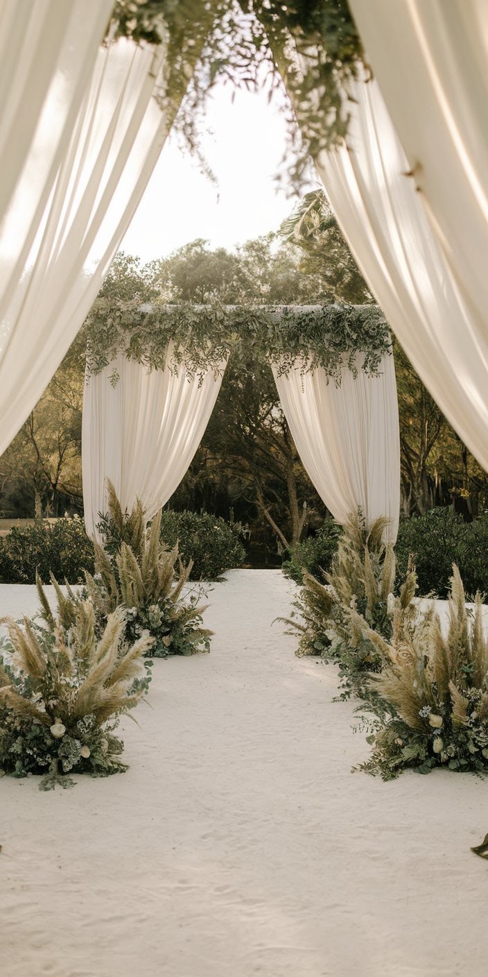 Bridesmaids in dusty olive dresses with ivory bouquets and sand accents, perfect for ivory, sand, and dusty olive earth tone wedding color ideas.