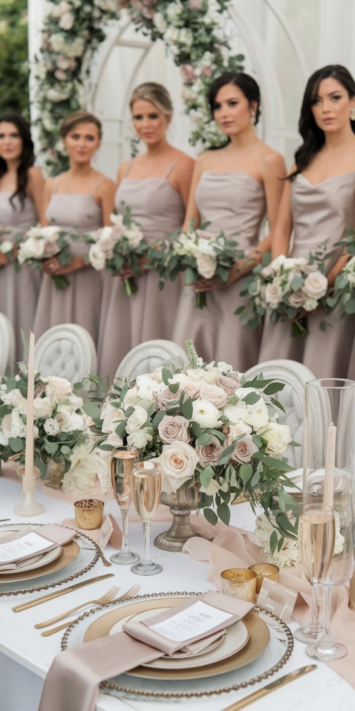 Glamorous wedding reception with taupe tablecloths and champagne metallic details, perfect for earth tone wedding color ideas.