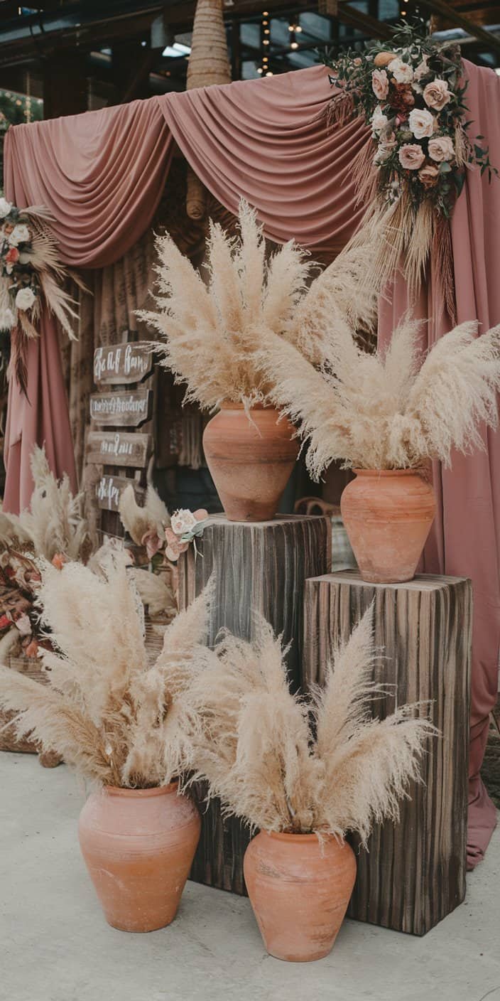 Terracotta pots filled with pampas grass and dusty rose drapery, illustrating terracotta and dusty rose as earth tone wedding color ideas.