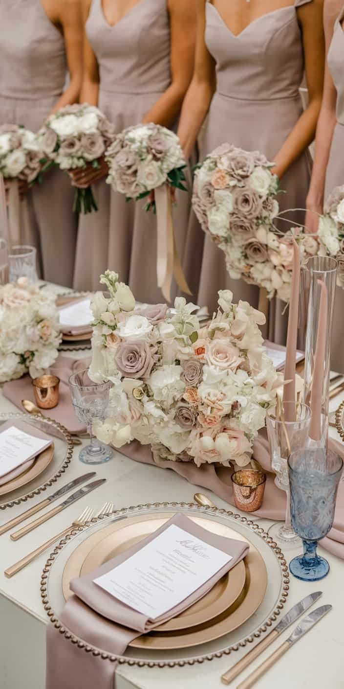 Refined taupe and champagne color palette in wedding invitations and decor, showcasing sophisticated earth tone wedding color ideas.