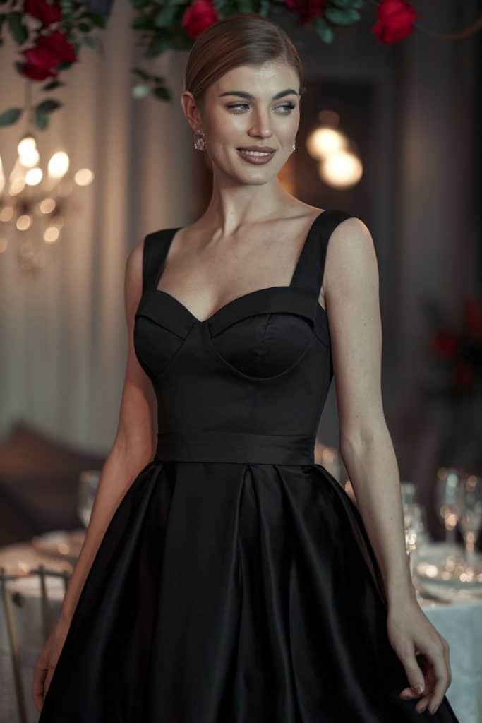 Timeless Valentine's Day dress: Form-fitting black midi dress with delicate details for special date night