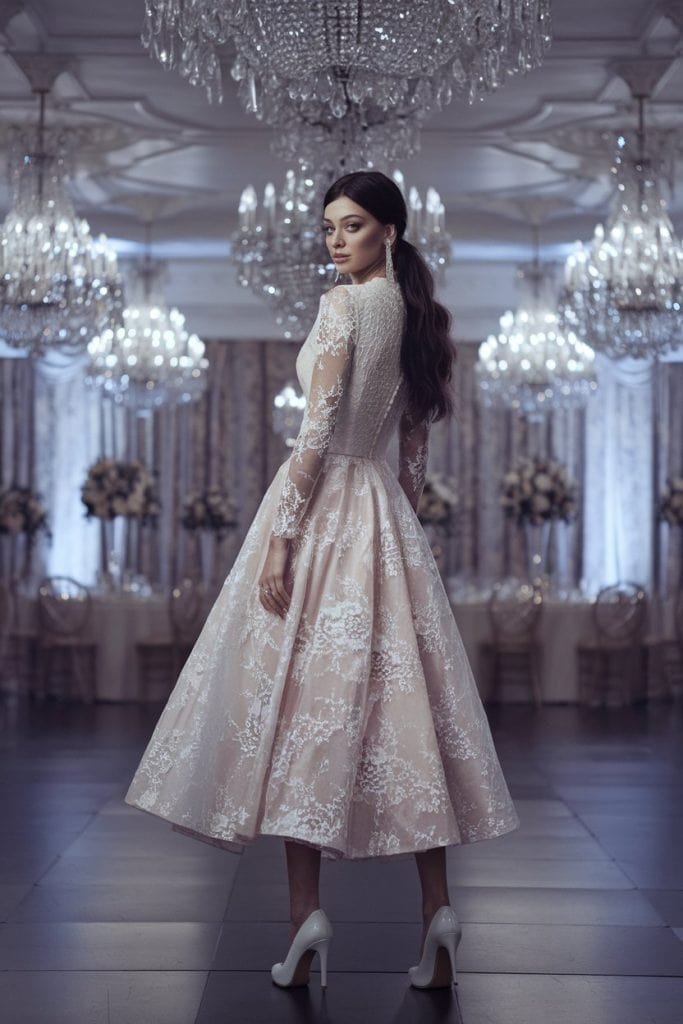 Enchanting Valentine's Day dress: Sheer lace sleeve dress with delicate details for intimate dinner