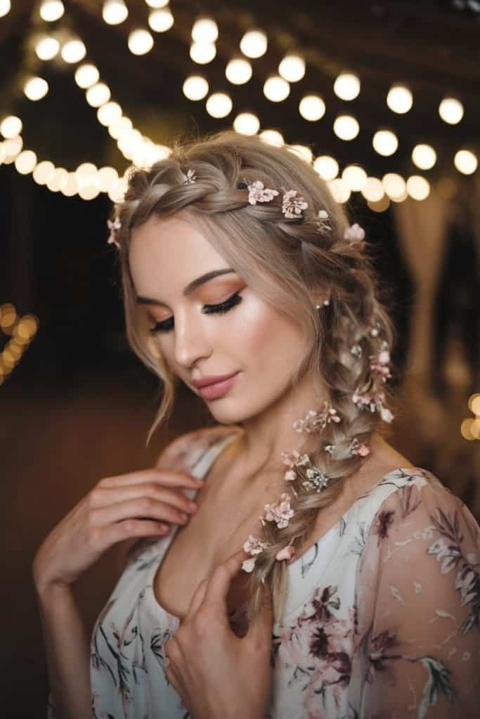 Fishtail braid with floral accents styled to match a whimsical Valentine's Day dress for a dreamy celebration