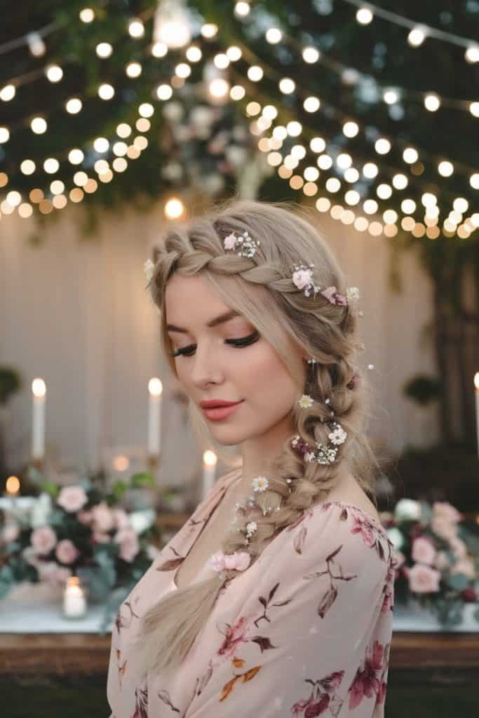 Valentine's Day dress paired with a romantic halo braid and soft makeup under twinkling lights