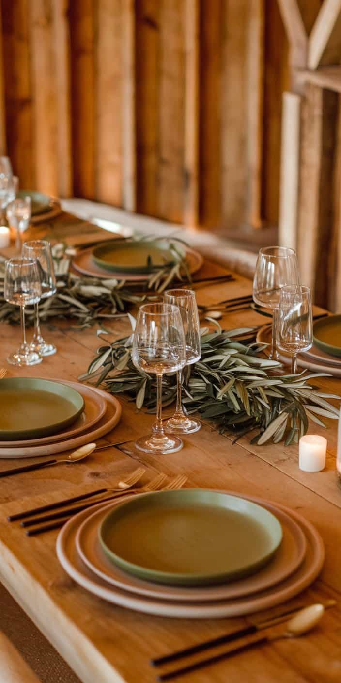 Woodland wedding venue adorned with olive green foliage and warm beige table settings, exemplifying olive green and warm beige earth tone wedding color ideas.