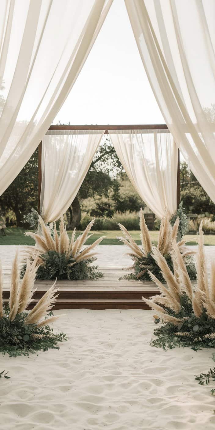 Elegant wedding invitations and decor in ivory, sand, and dusty olive, highlighting the airy and beachy palette of ivory, sand, and dusty olive earth tone wedding color ideas.