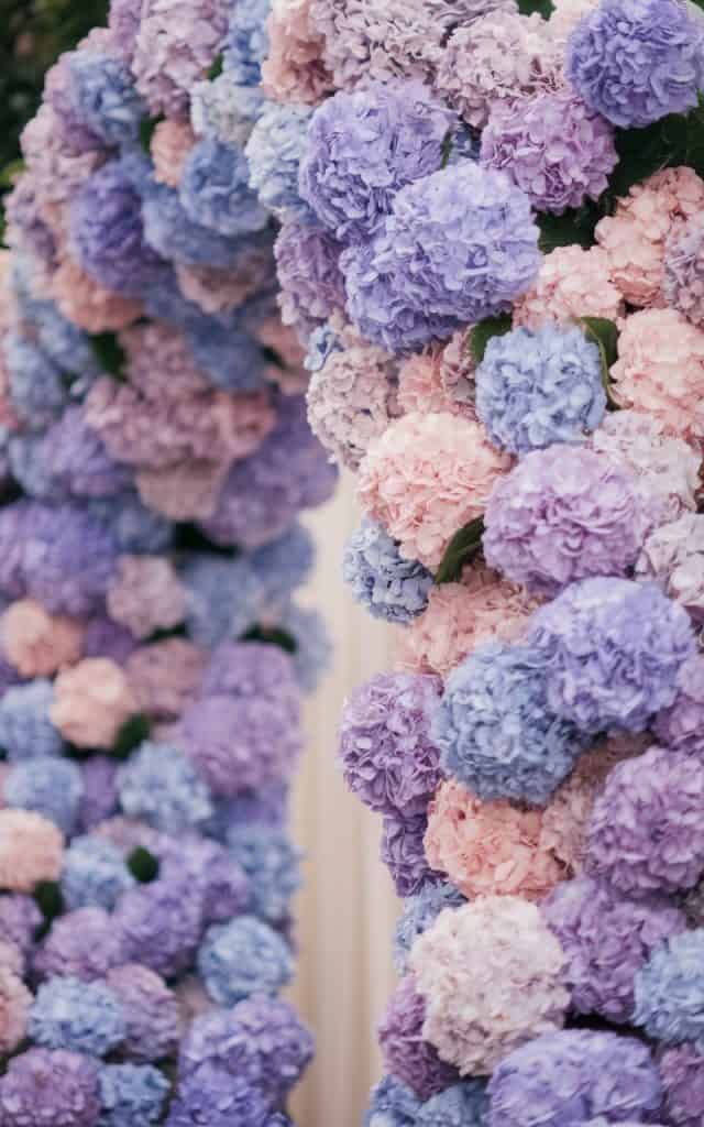 Elegant wedding arch decorated with hydrangeas in pastel colors, creating a serene, calming backdrop for vows.
