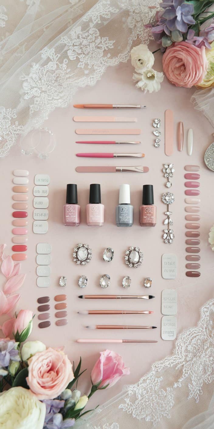 Beautiful minimalist floral bridal nails with tiny blossoms, ideal for adding a delicate flair to wedding attire.