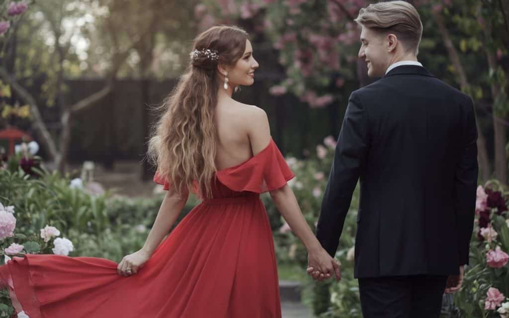 A stylish couple on a romantic Valentine’s Day date. The woman wears a stunning red Valentine's Day dress with a half-up, half-down hairstyle, accessorized with delicate floral details, while the man is in a sleek black suit. They are surrounded by a picturesque garden setting.