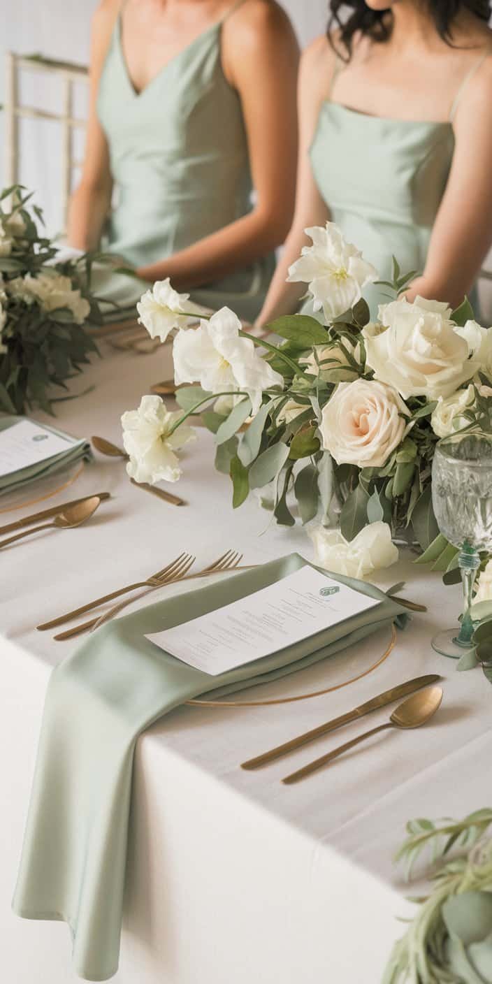 Minimalist wedding venue adorned with sage green accents and airy ivory elements, perfect for earth tone wedding color ideas.