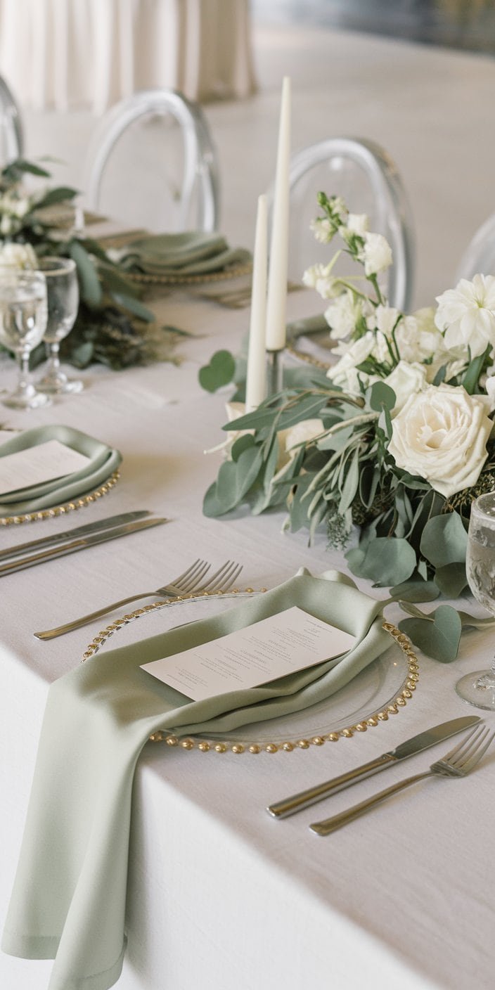 Sage Green and Ivory wedding decor showcasing bridesmaids in sage dresses with ivory bouquets, exemplifying earth tone wedding color ideas.