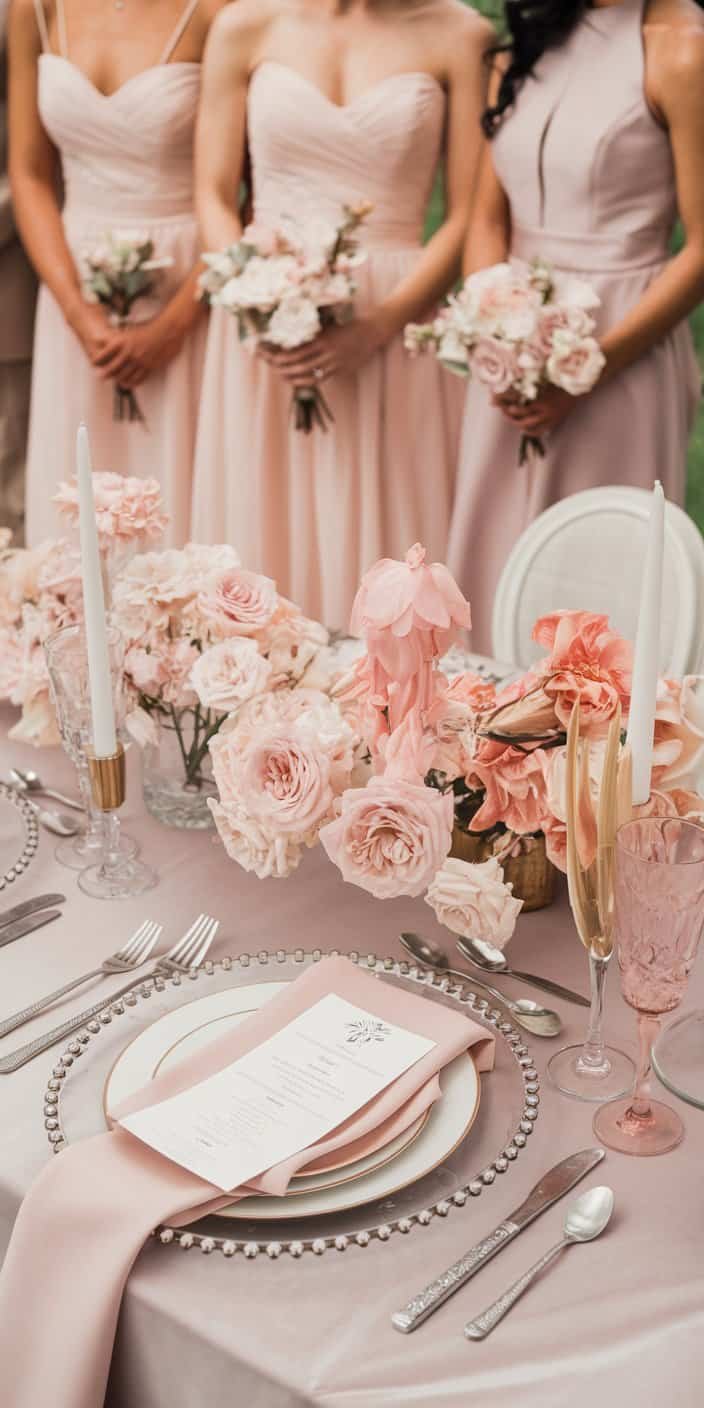 Elegant wedding decor featuring blush pink flowers and khaki linens, perfect for blush pink and khaki earth tone wedding color ideas