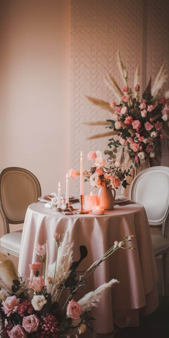 Blush pink table runners paired with khaki invitations, illustrating blush pink and khaki as soft earth tone wedding color ideas.
