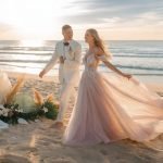 Diverse range of beach wedding dress styles captured on a sandy backdrop, highlighting the perfect blend of elegance and ease for a Summer 2025 coastal ceremony.