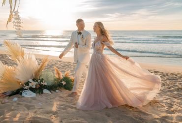 Diverse range of beach wedding dress styles captured on a sandy backdrop, highlighting the perfect blend of elegance and ease for a Summer 2025 coastal ceremony.