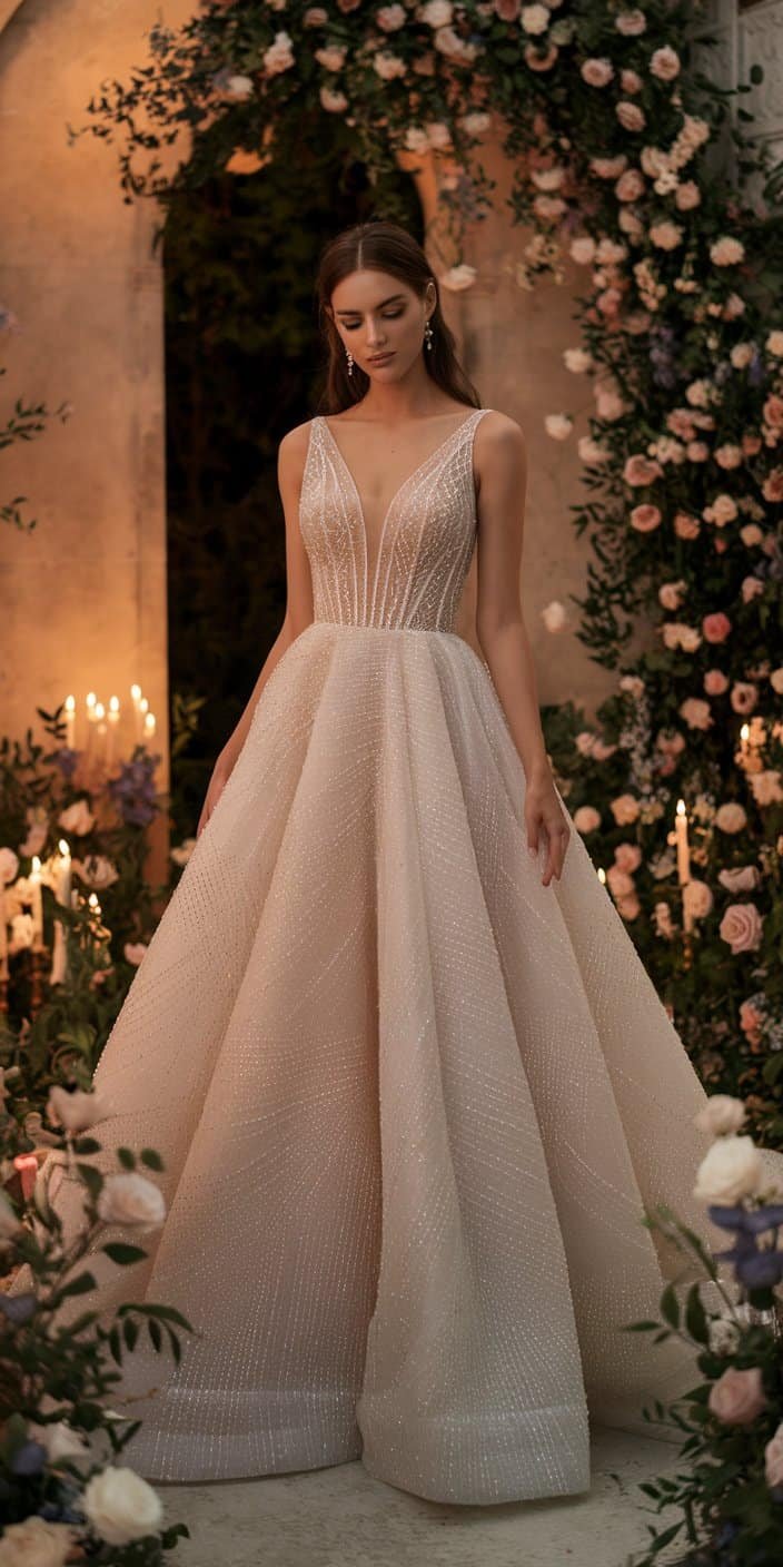 Chic embroidered trumpet wedding dress showcasing artisanal detailing on a sleek silhouette, exemplifying modern trumpet wedding dresses.