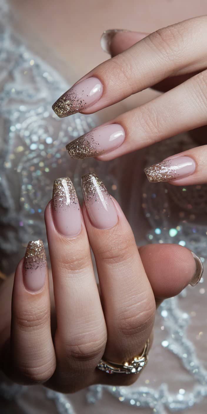 Sophisticated glitter gradient manicure with glitter near the tips, perfect for adding a touch of sparkle to wedding nails