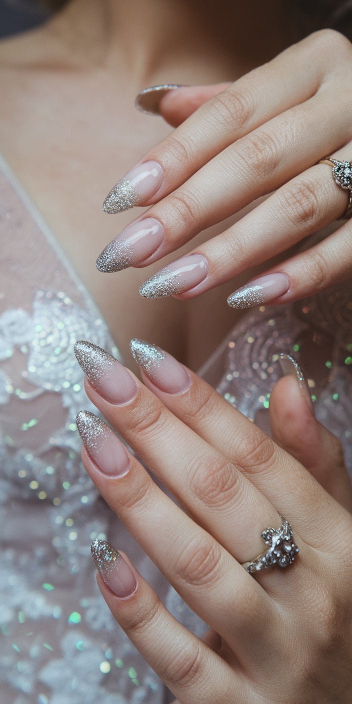 Chic Glitter Gradient wedding nails featuring a subtle transition from base color to sparkling glitter, ideal for stylish brides.
